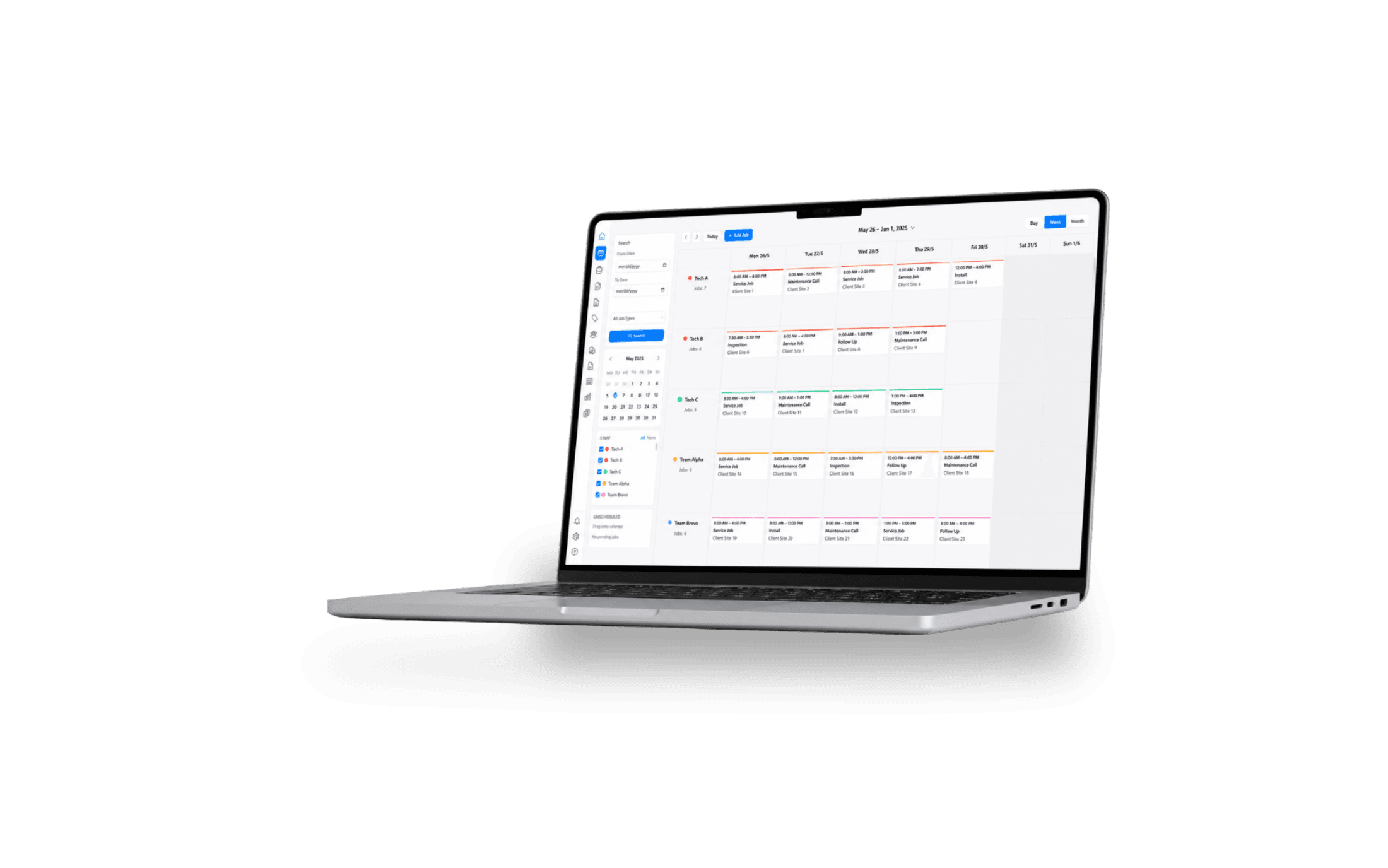 The TradyOne webapp showing the weekly schedule with assigned jobs across morning and afternoon.