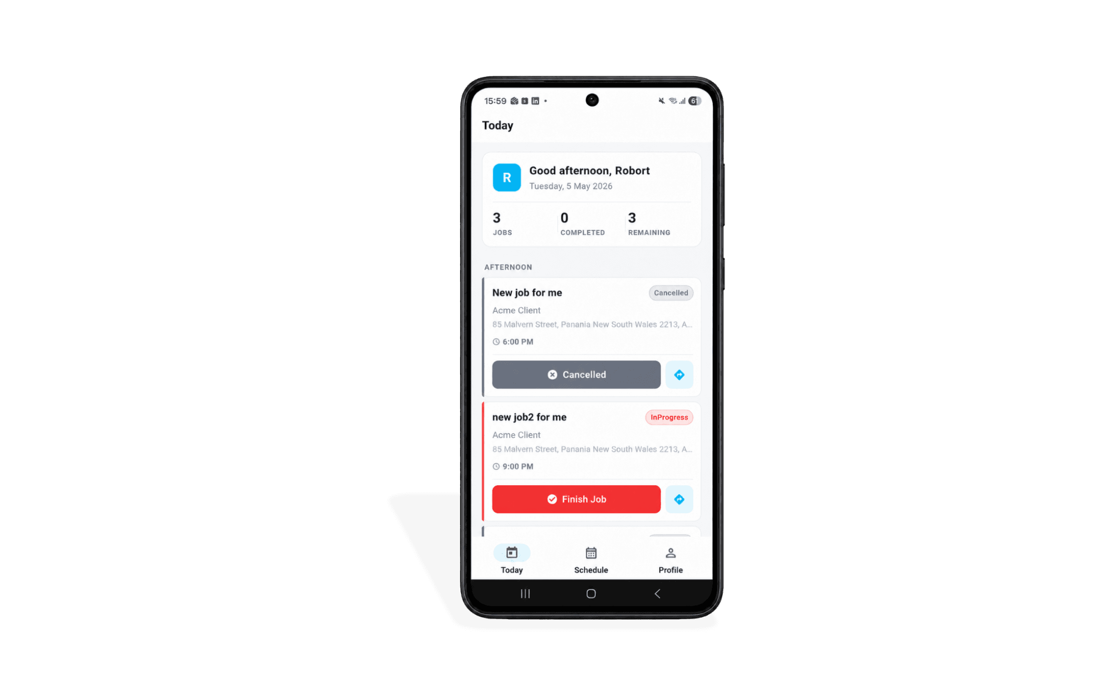 The TradyOne mobile app on a phone, showing today's jobs with status pills and a red Finish Job button.