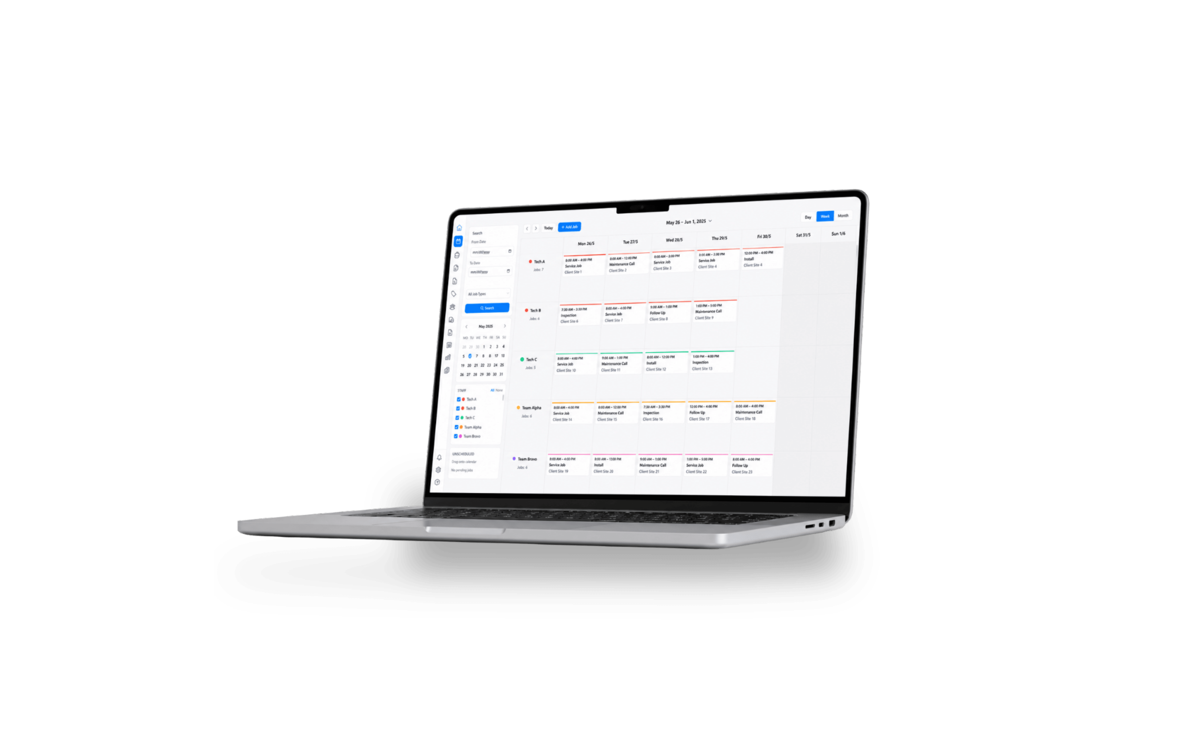 The TradyOne webapp showing a full week of jobs across the crew.