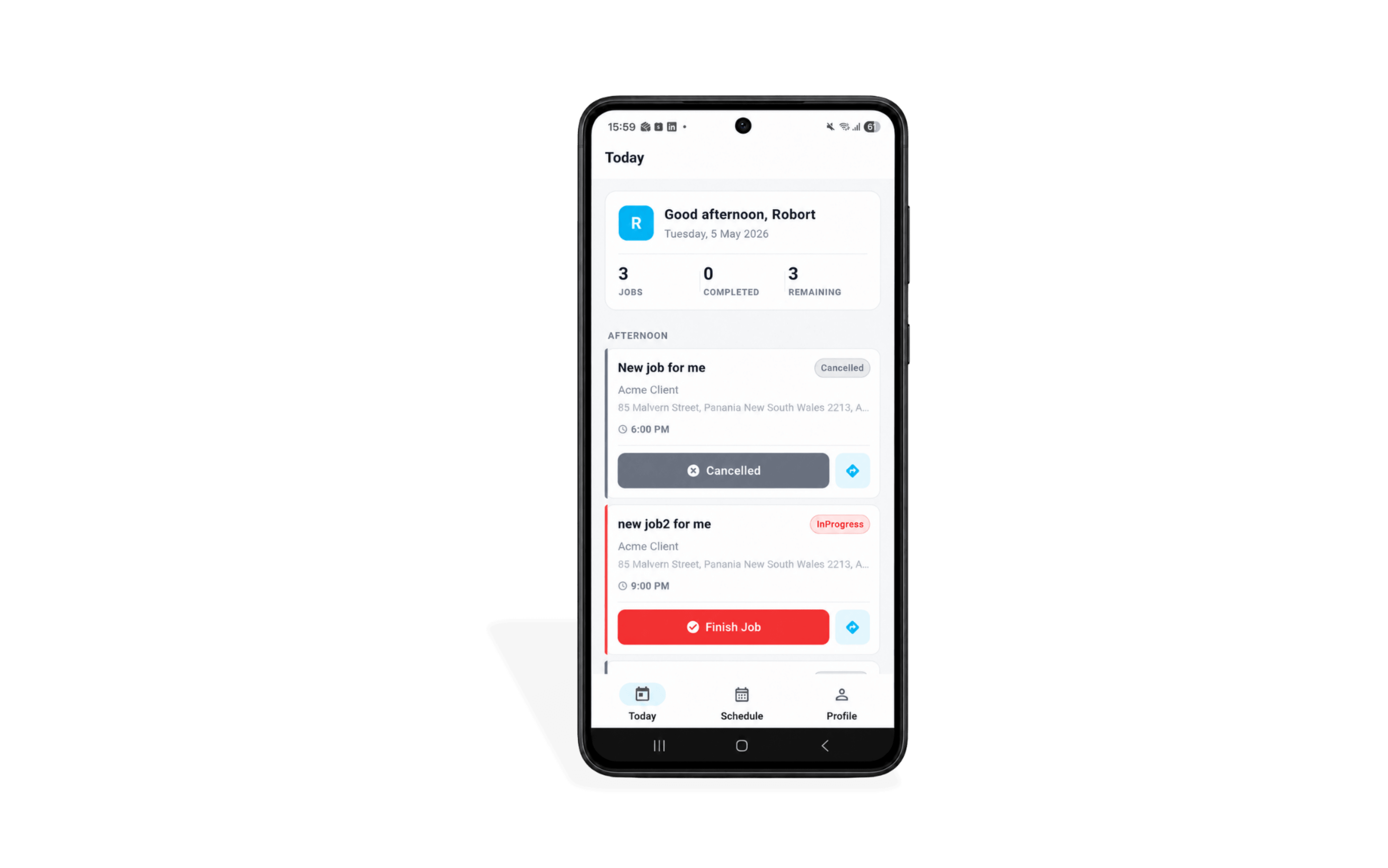 The TradyOne mobile app showing a technician's jobs for the day.